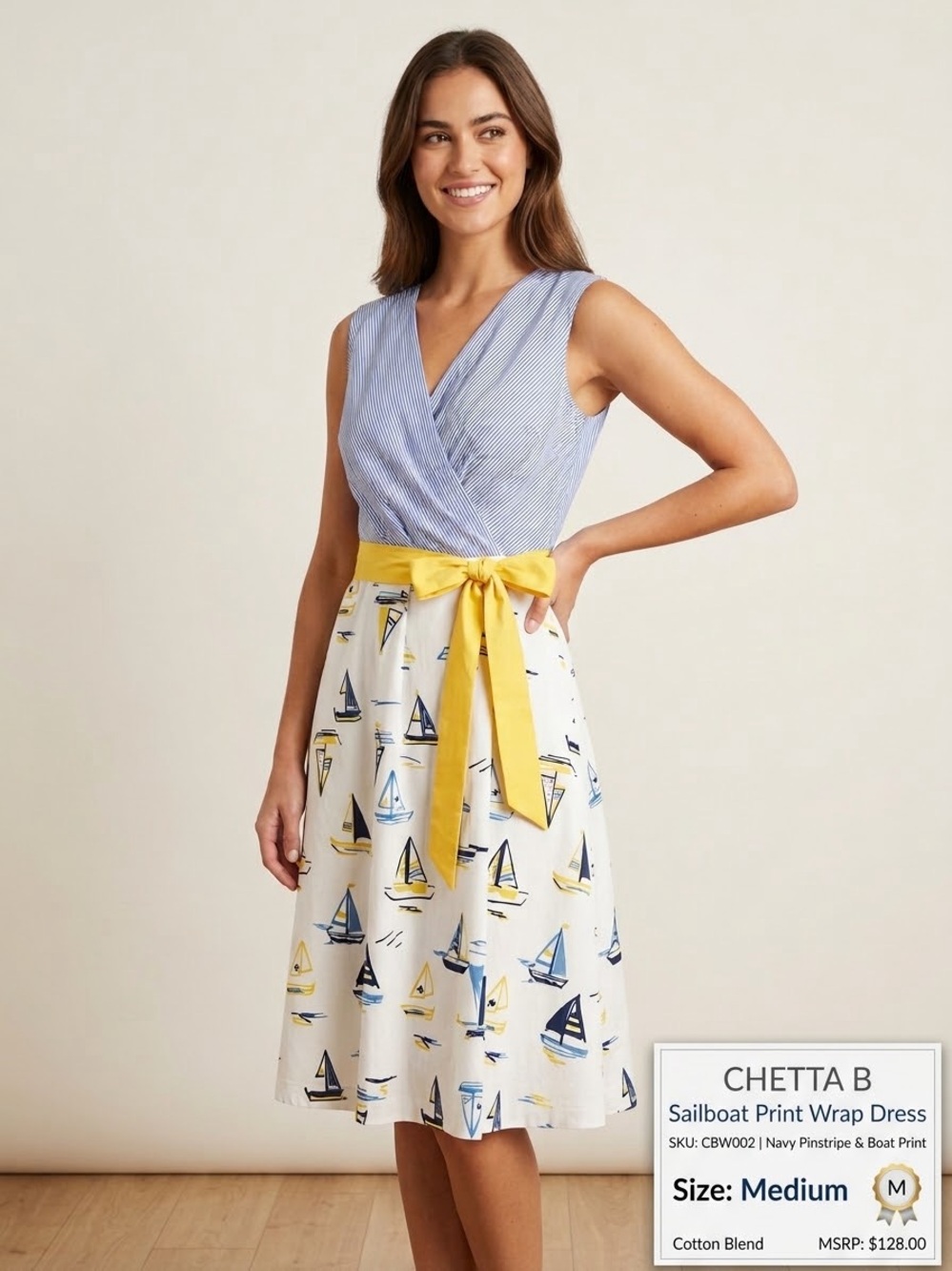 Chetta B Blue & White Sailboat Print Midi Dress with Yellow Sash